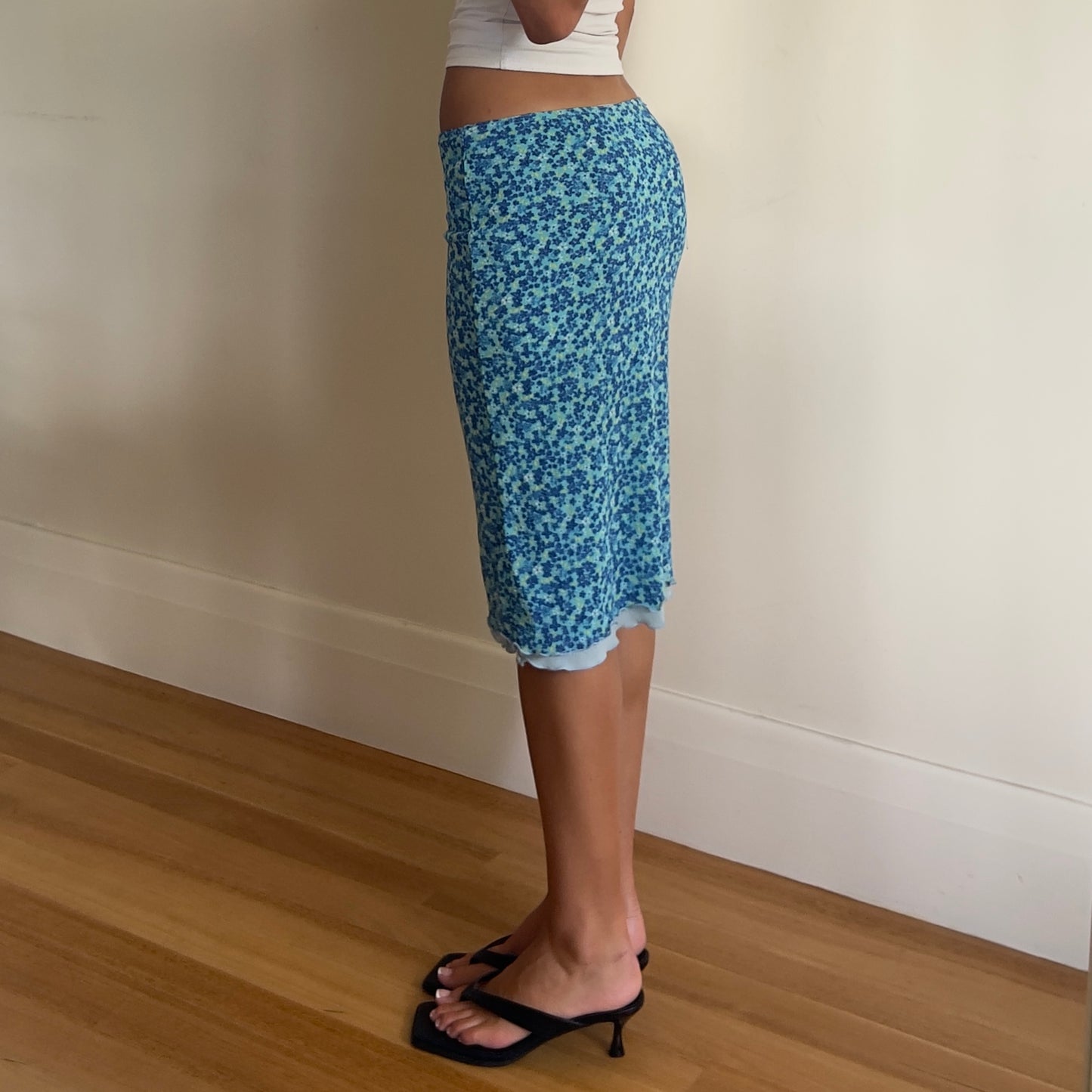 blue floral midi skirt