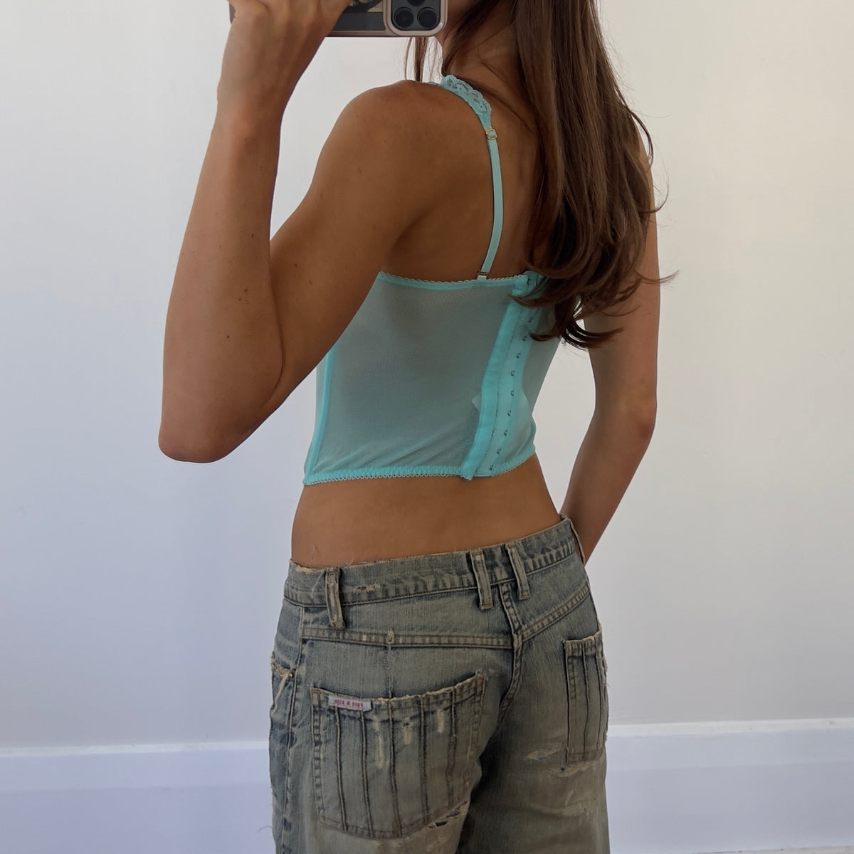 aqua ruffle mesh corset