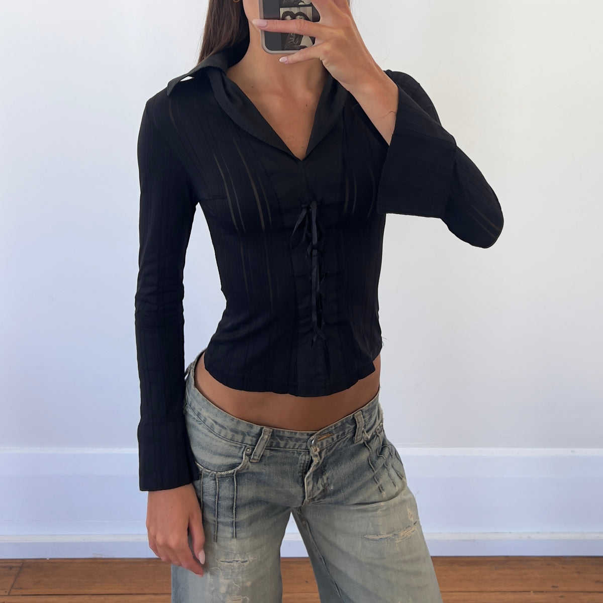 black lace-up shirt