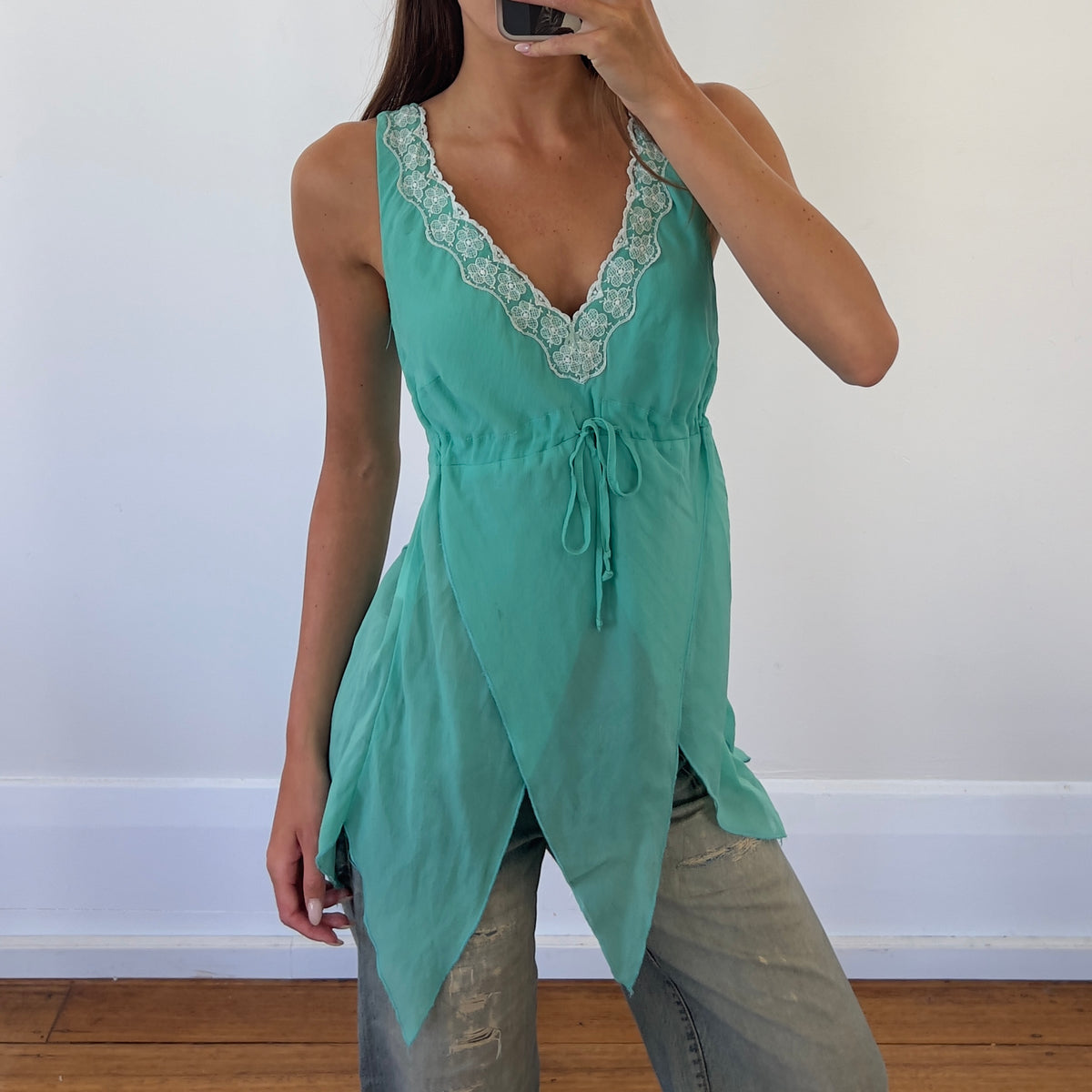 turquoise silk top