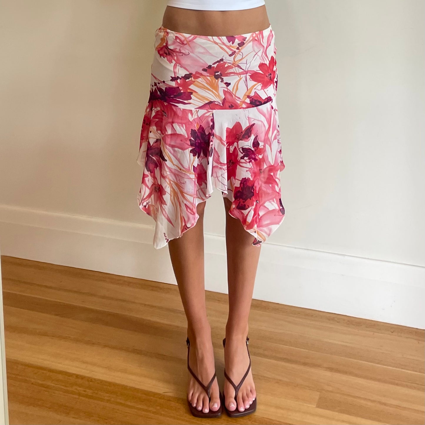 pink floral midi skirt