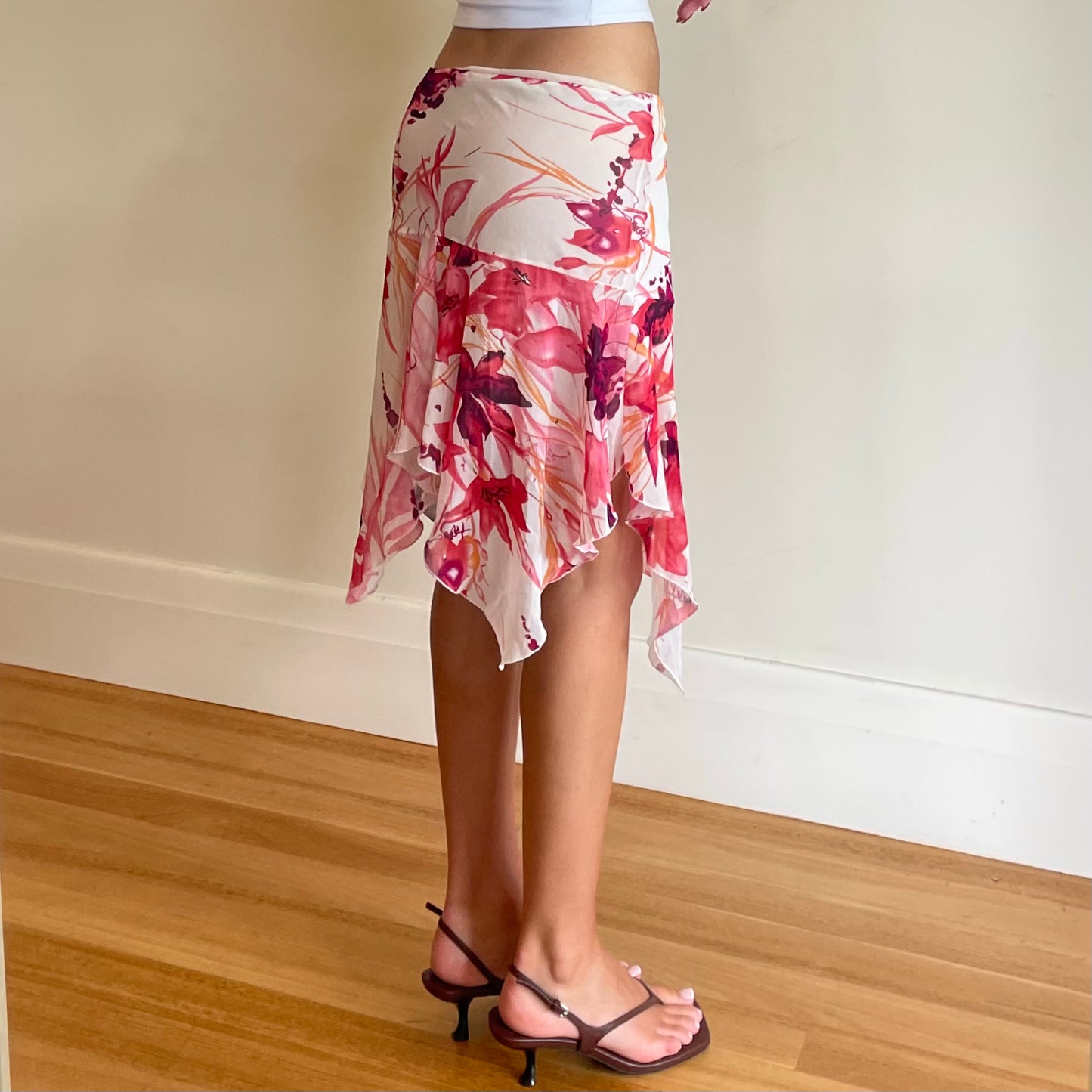 pink floral midi skirt
