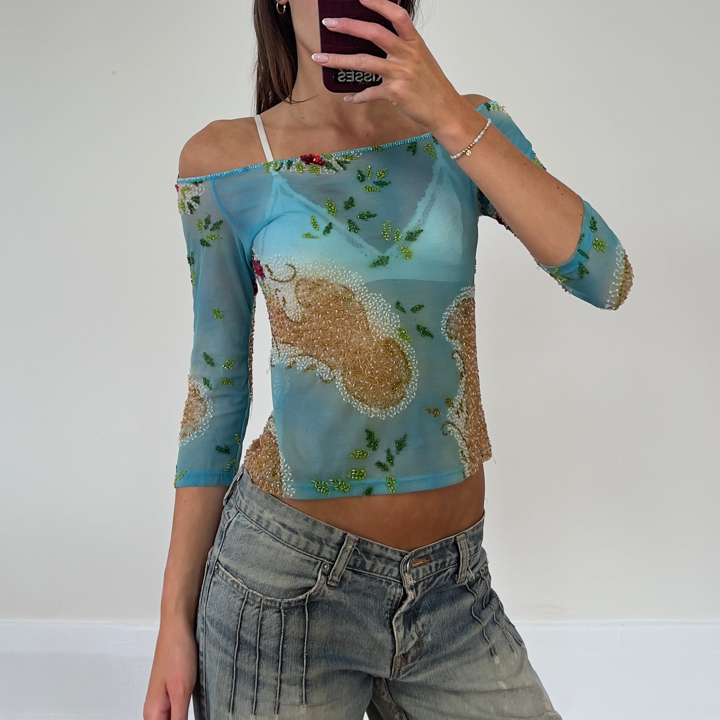 mesh beaded 3/4 sleeve top
