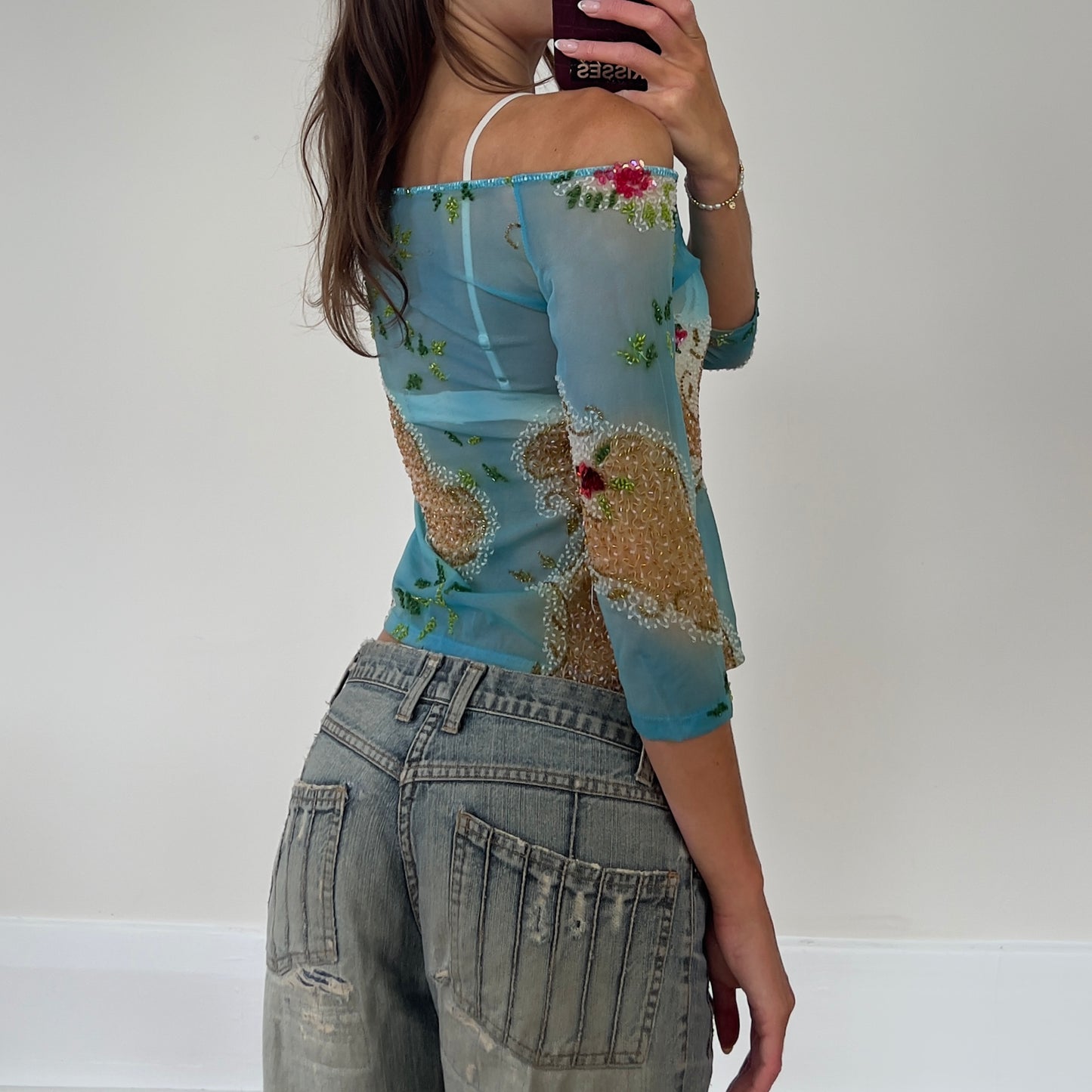 mesh beaded 3/4 sleeve top