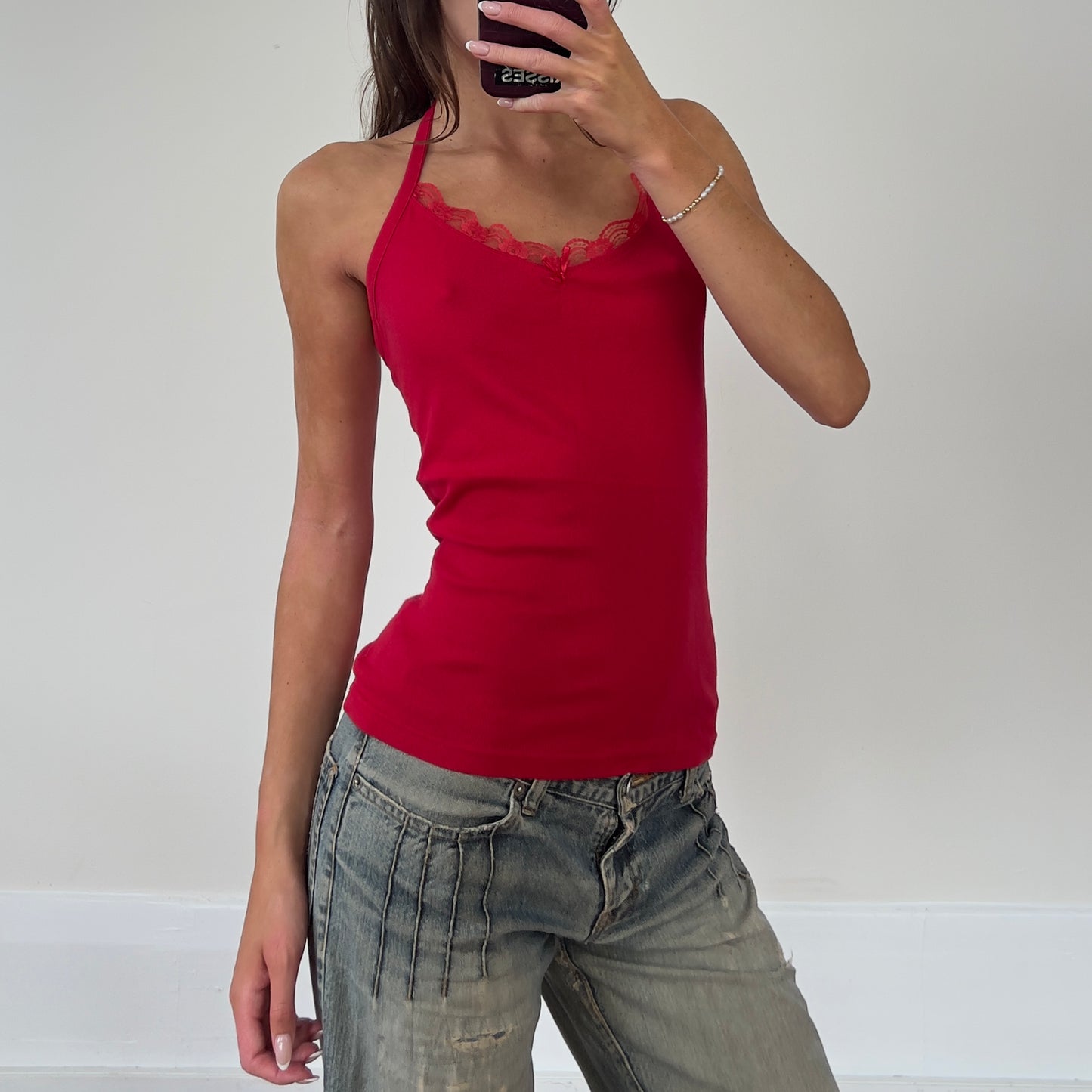 red lace trim halter