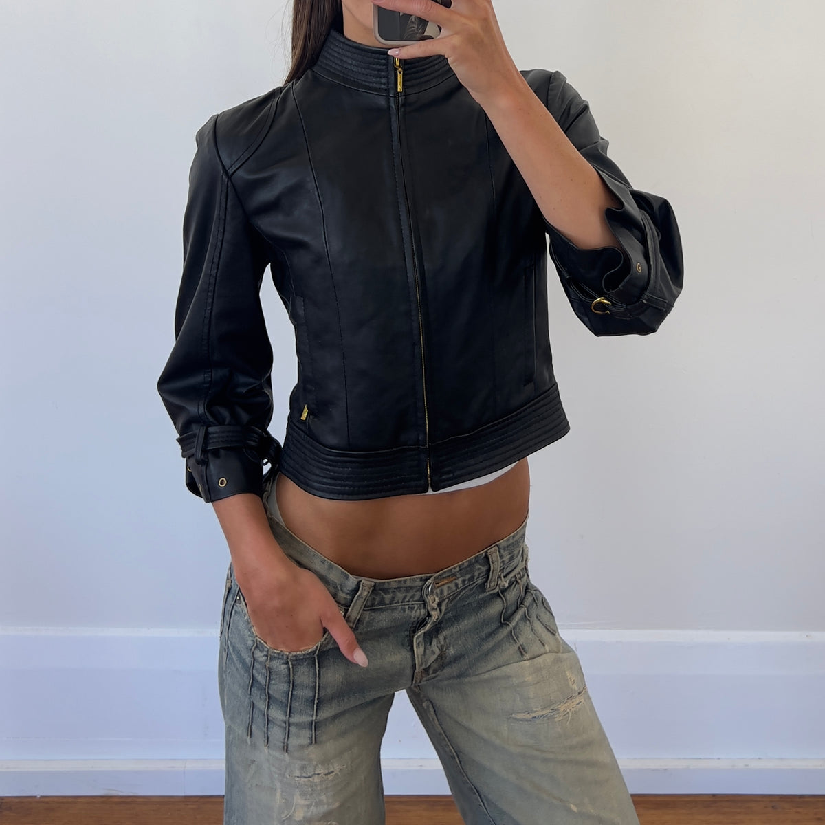 3/4 sleeve black leather jacket