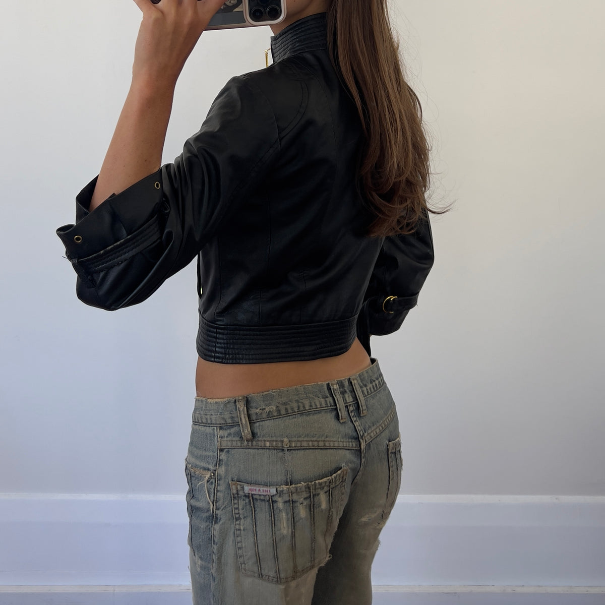 3/4 sleeve black leather jacket