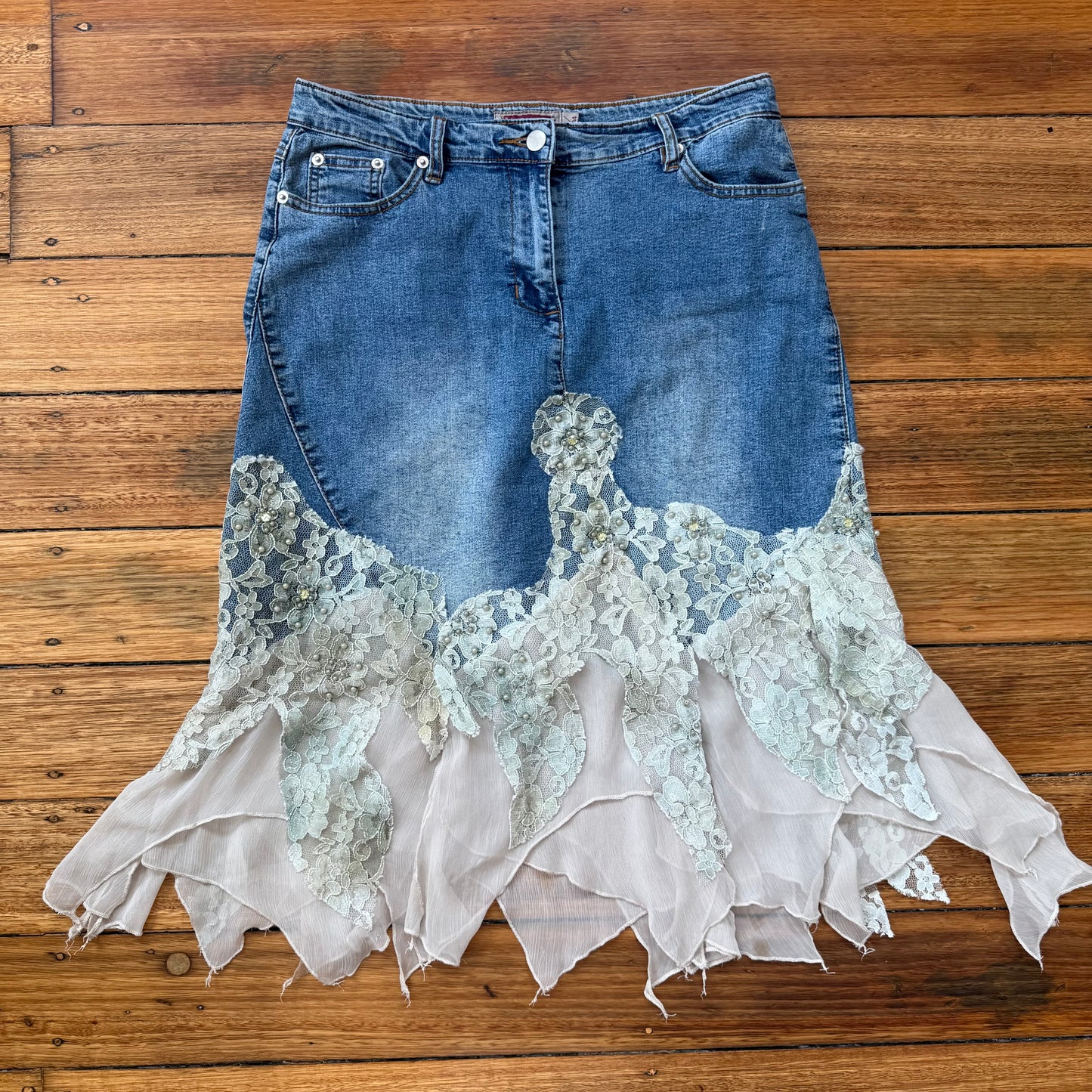 denim lace midi skirt