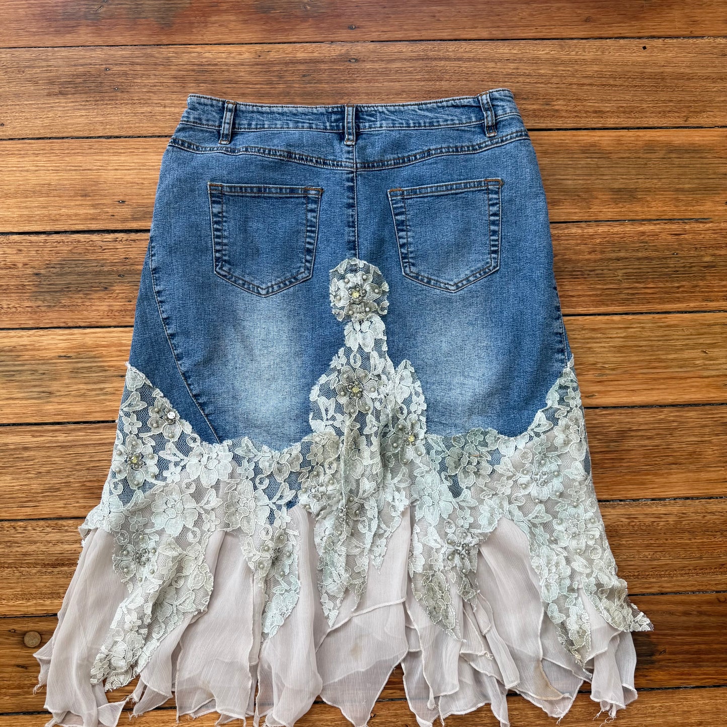 denim lace midi skirt