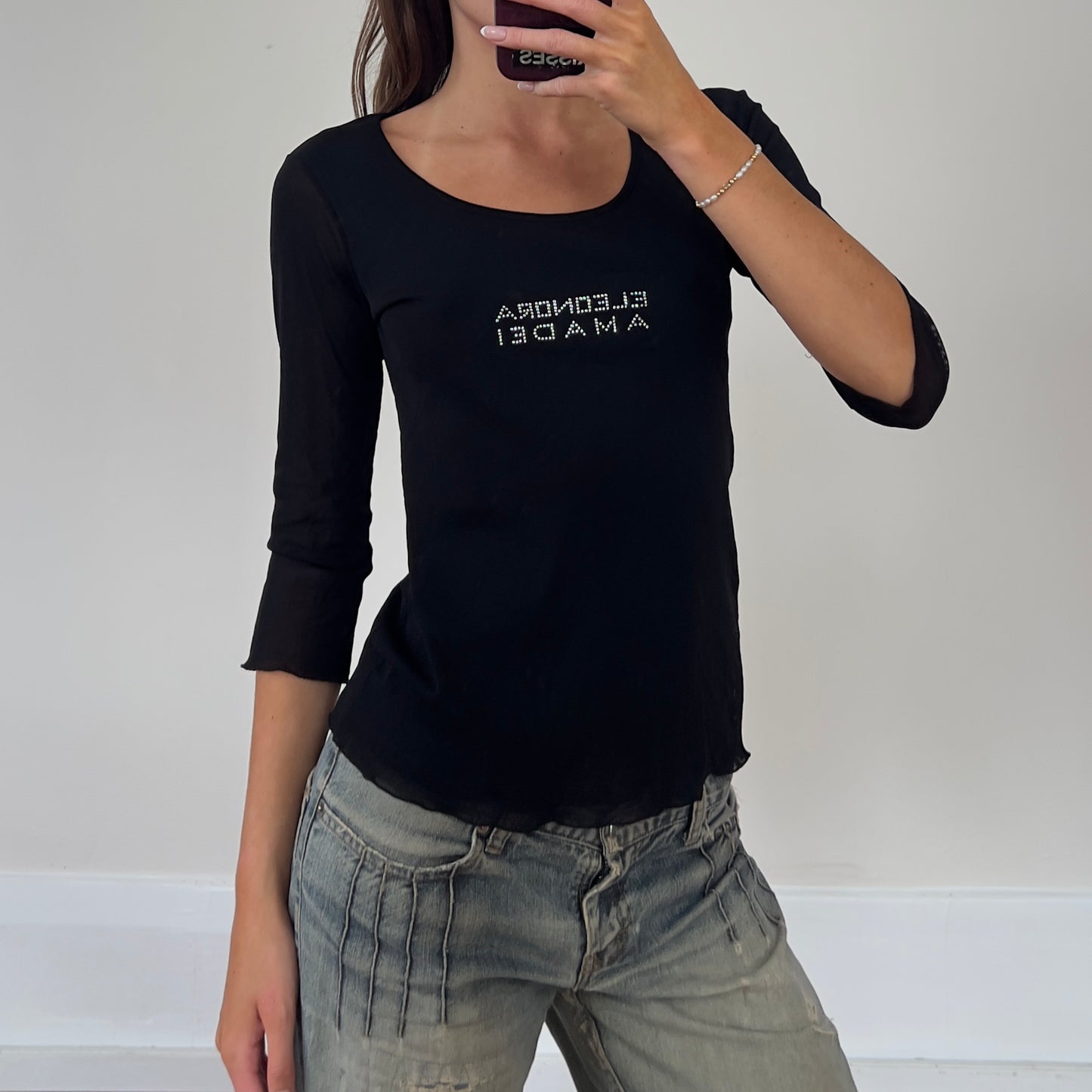 black 3/4 sleeve rhinestone top