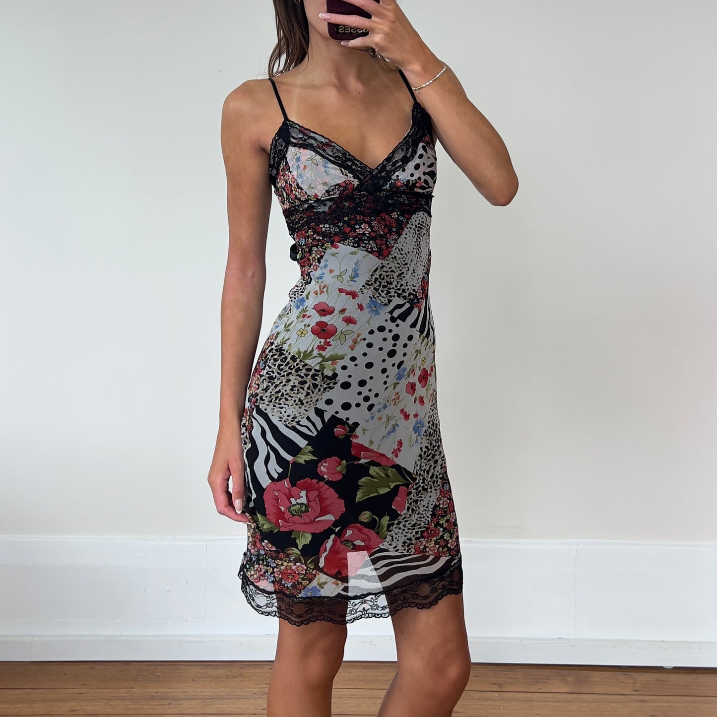 multi pattern midi dress