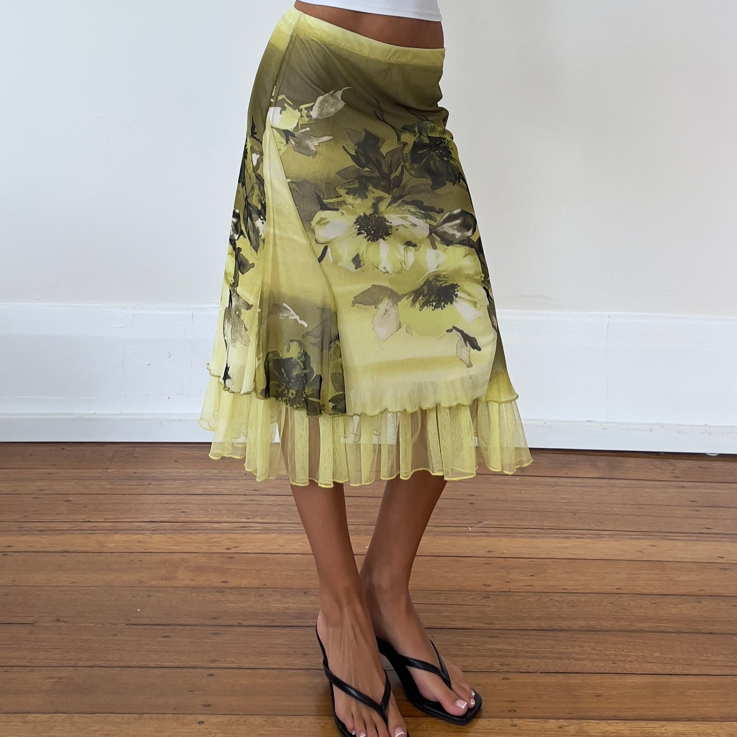 green floral midi skirt