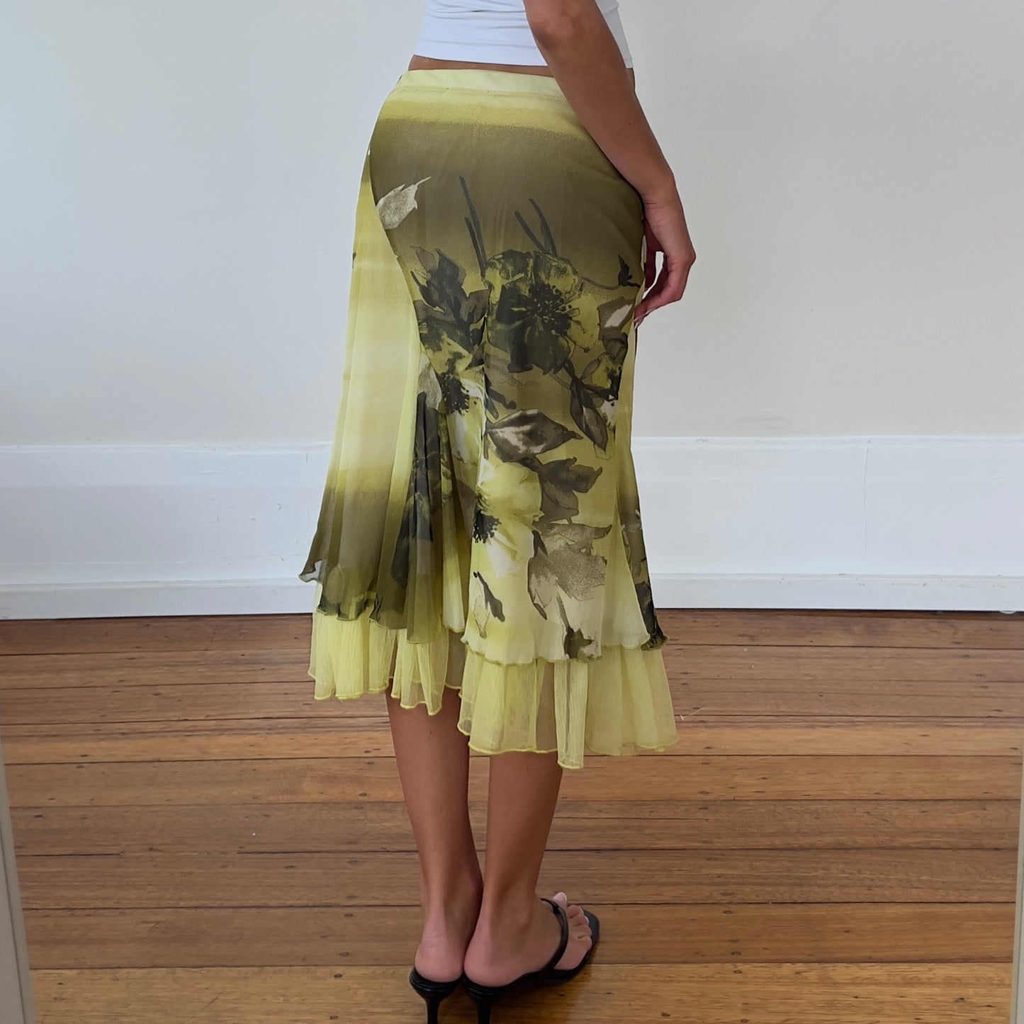 green floral midi skirt