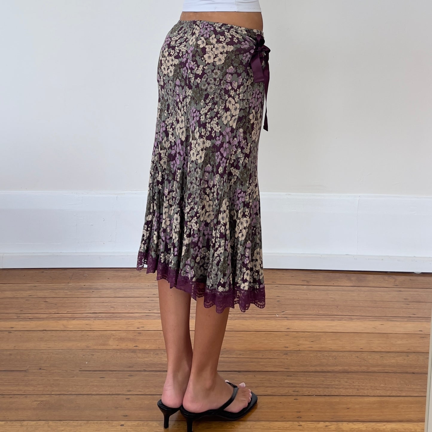 purple floral midi skirt