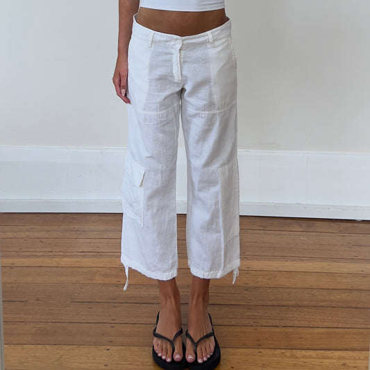 white cotton/linen cargo pants