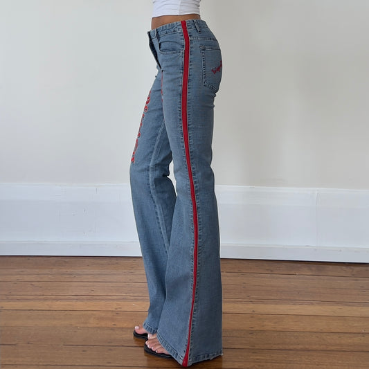 flared denim jeans with red detailing