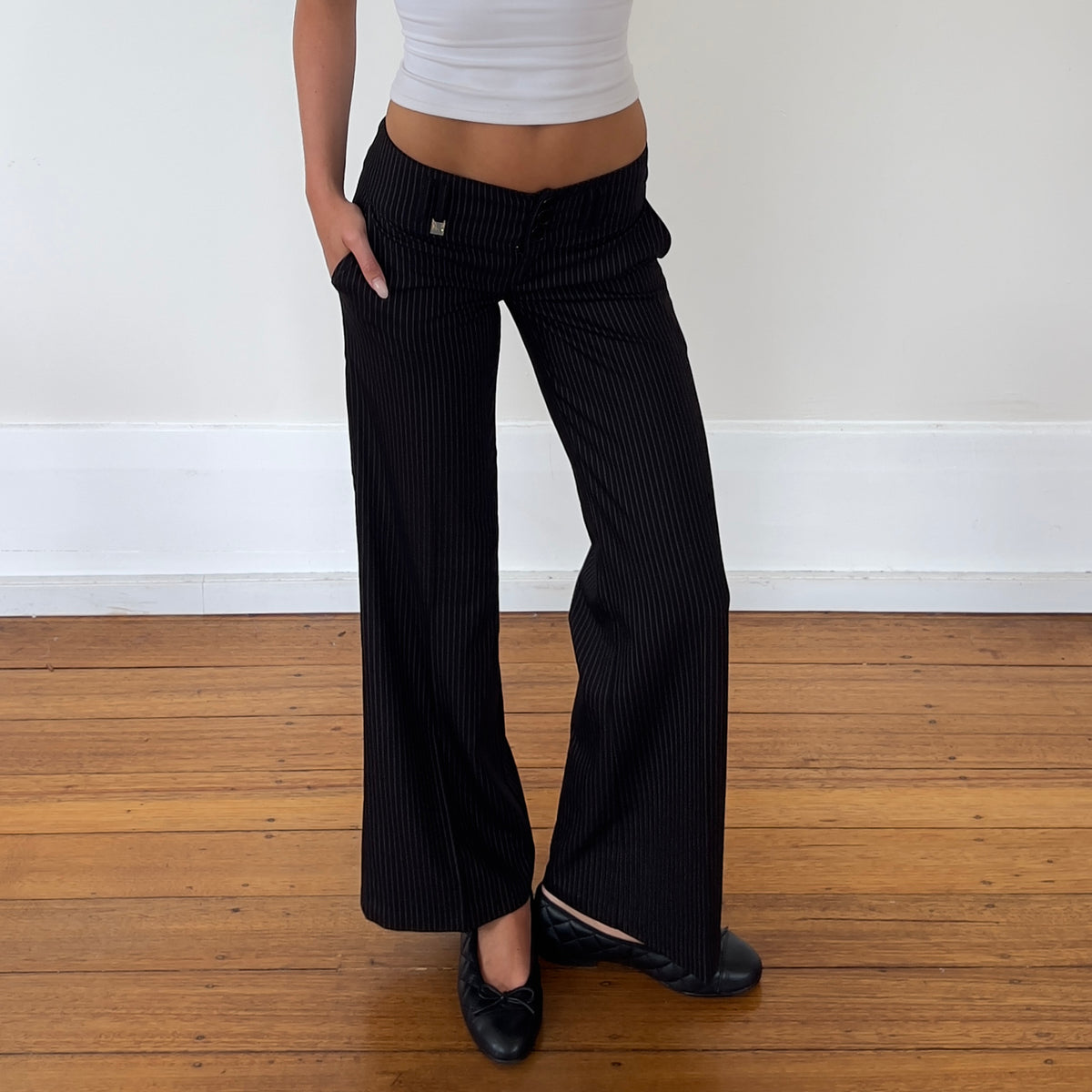 low rise pinstripe trousers