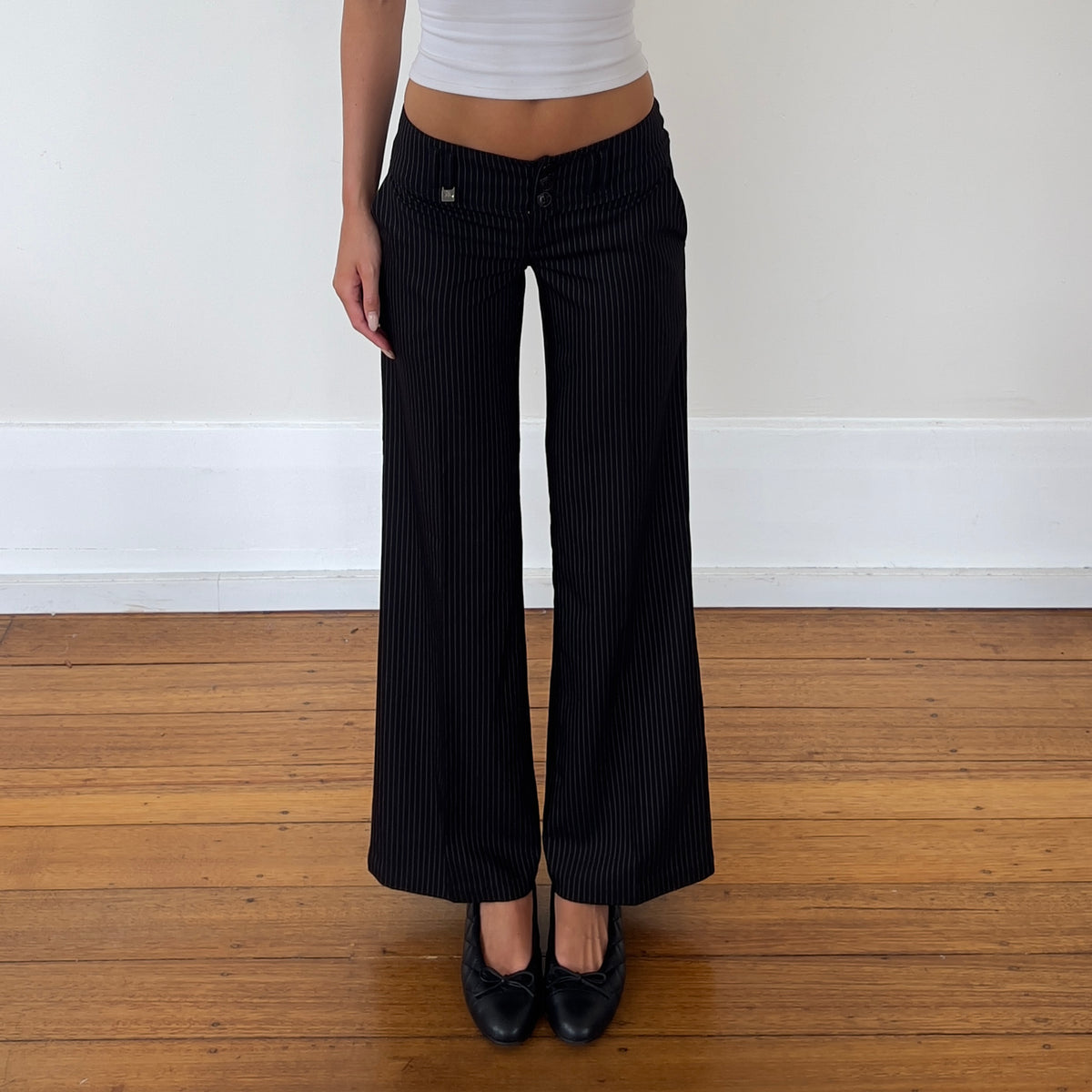 low rise pinstripe trousers