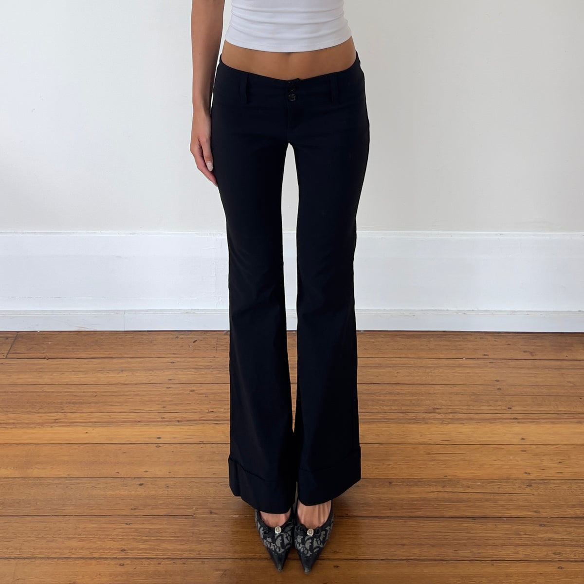 low rise black trousers
