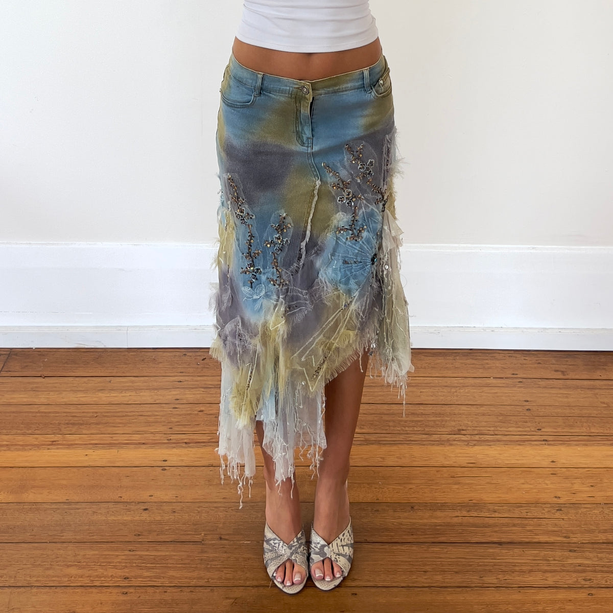 sequin beaded lace midi skirt