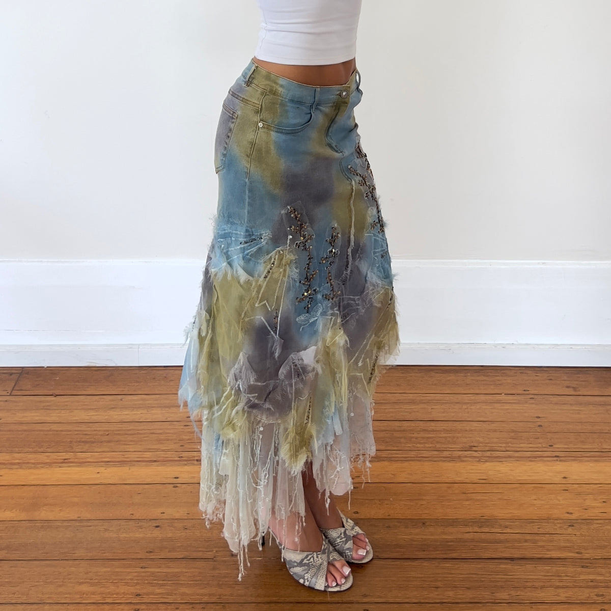 sequin beaded lace midi skirt