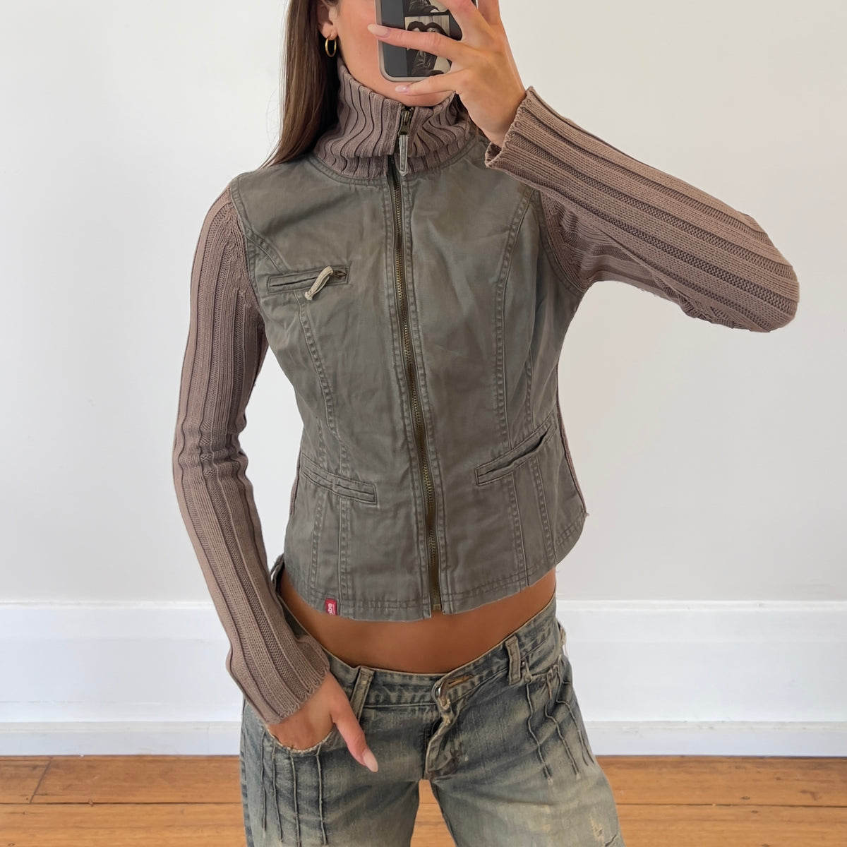 khaki cargo zip-up jacket