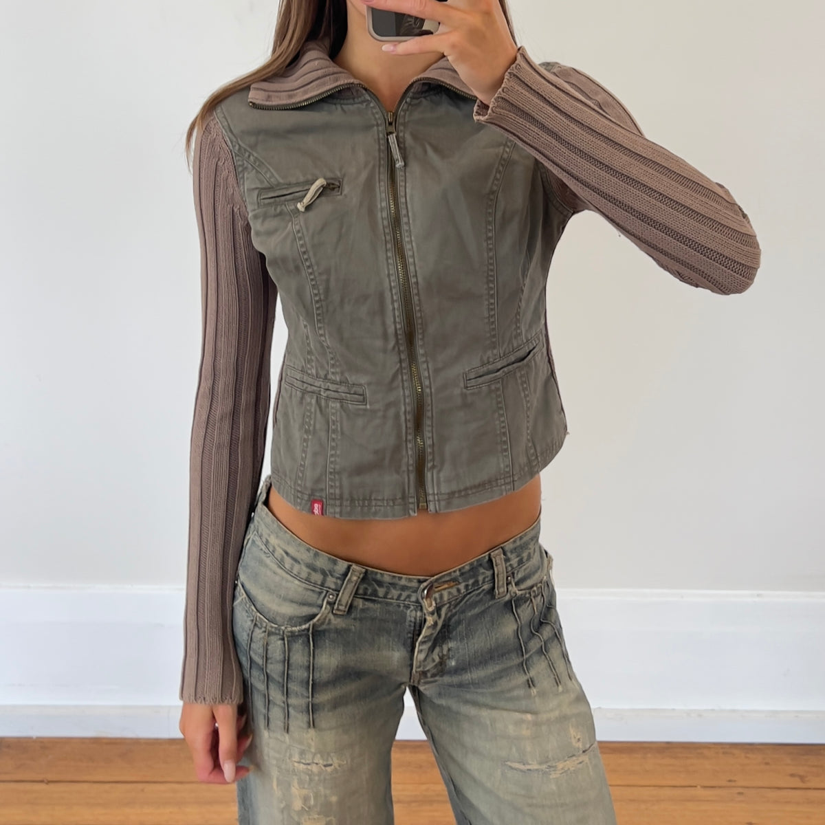 khaki cargo zip-up jacket