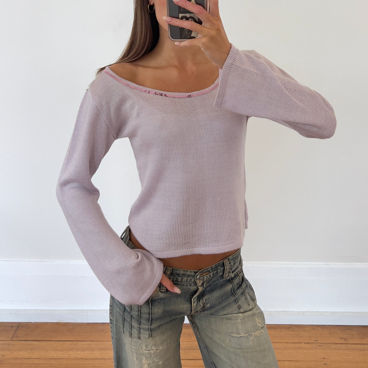 off-shoulder lilac knit