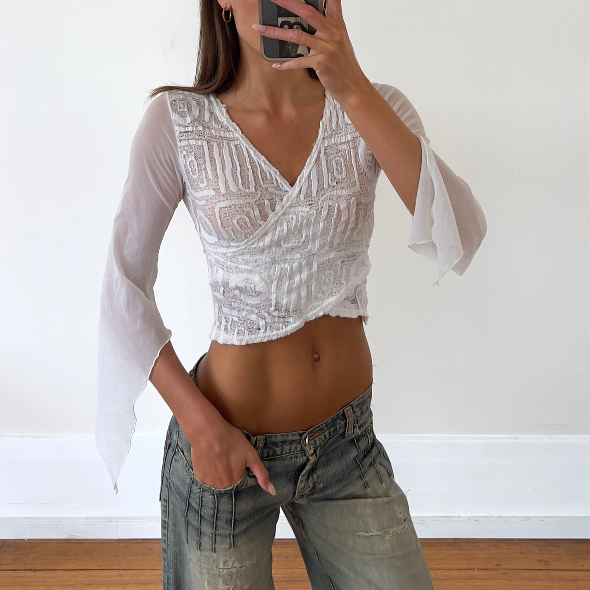 white sheer wrap top