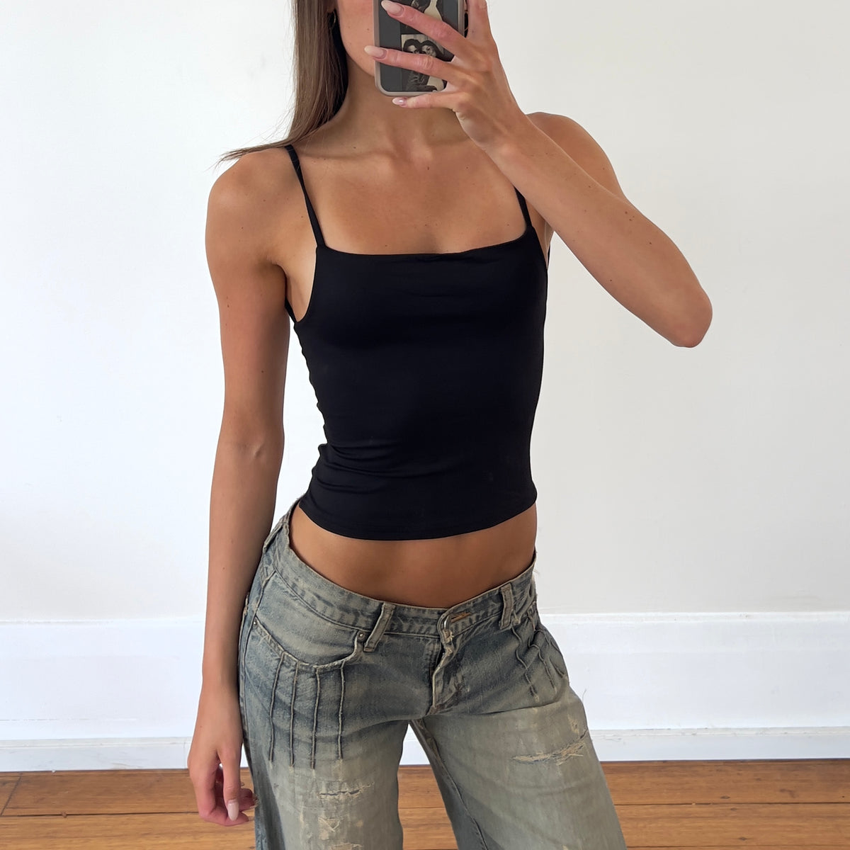 black strappy tank