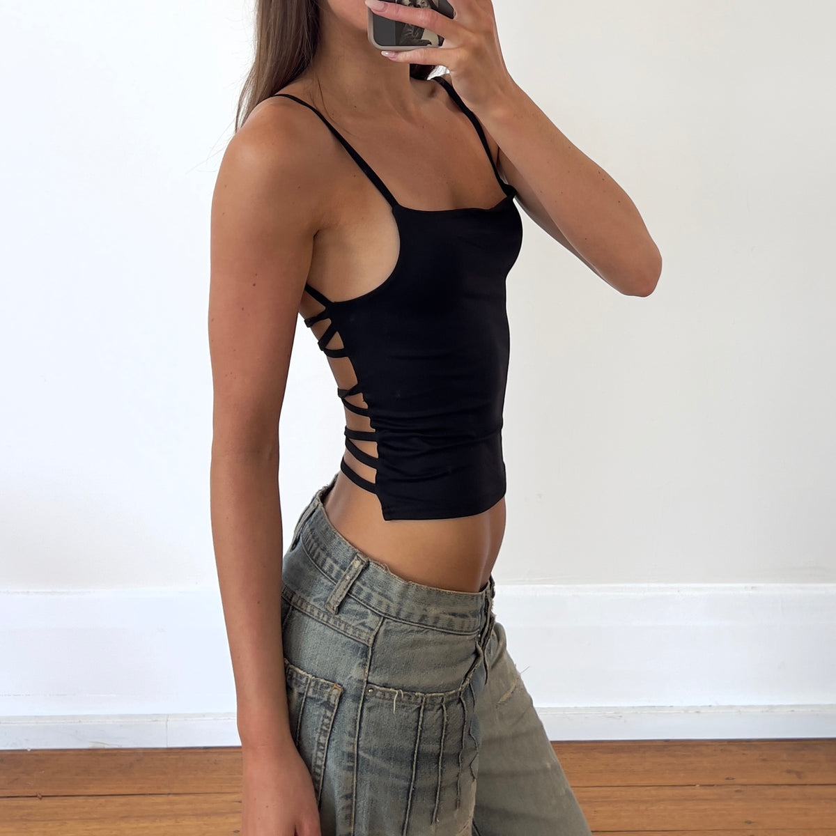 black strappy tank
