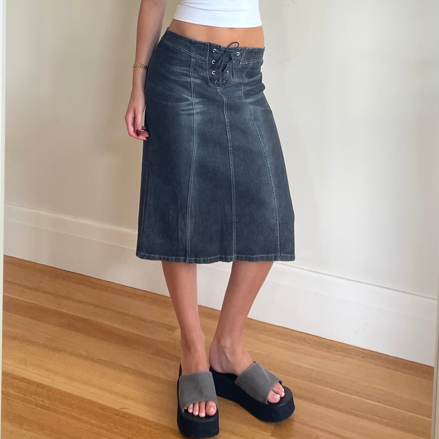 lace up denim midi skirt