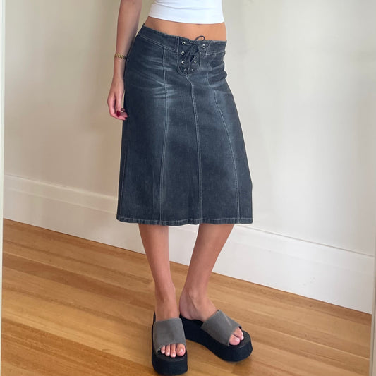 lace up denim midi skirt
