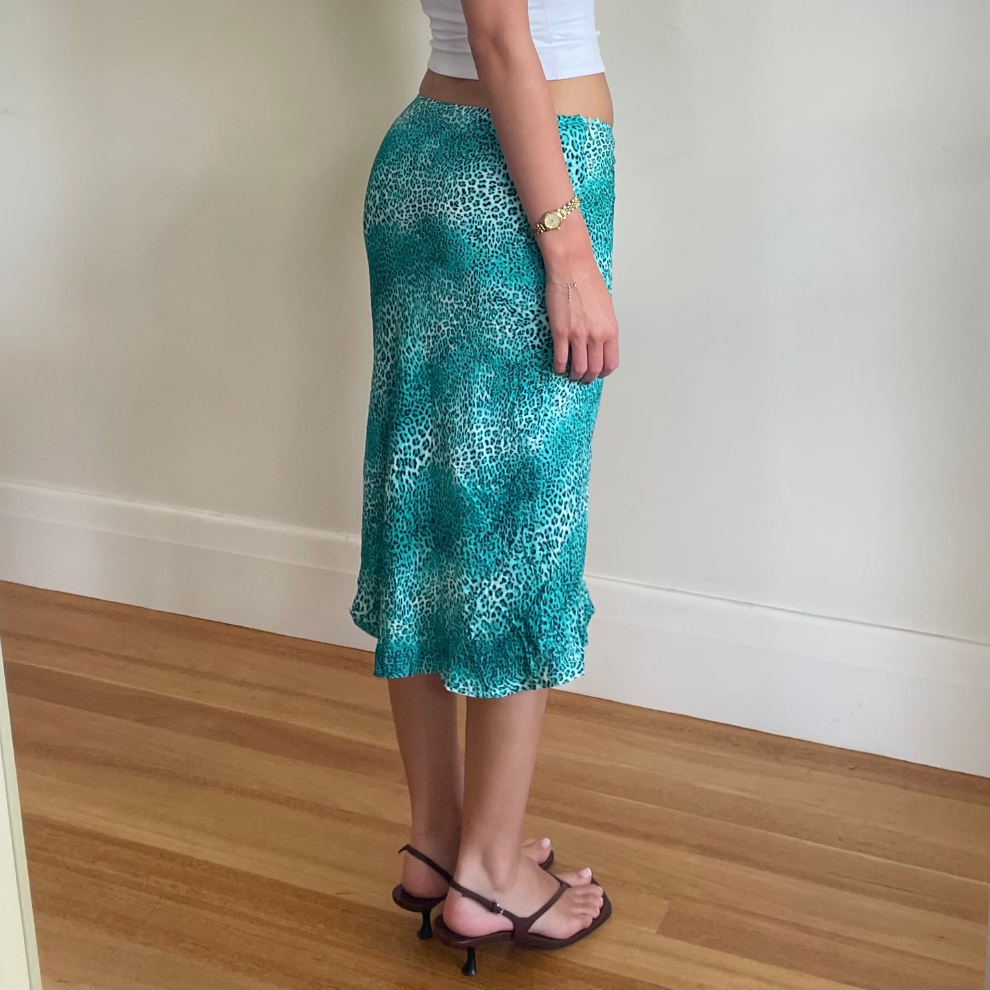 aqua leopard midi skirt