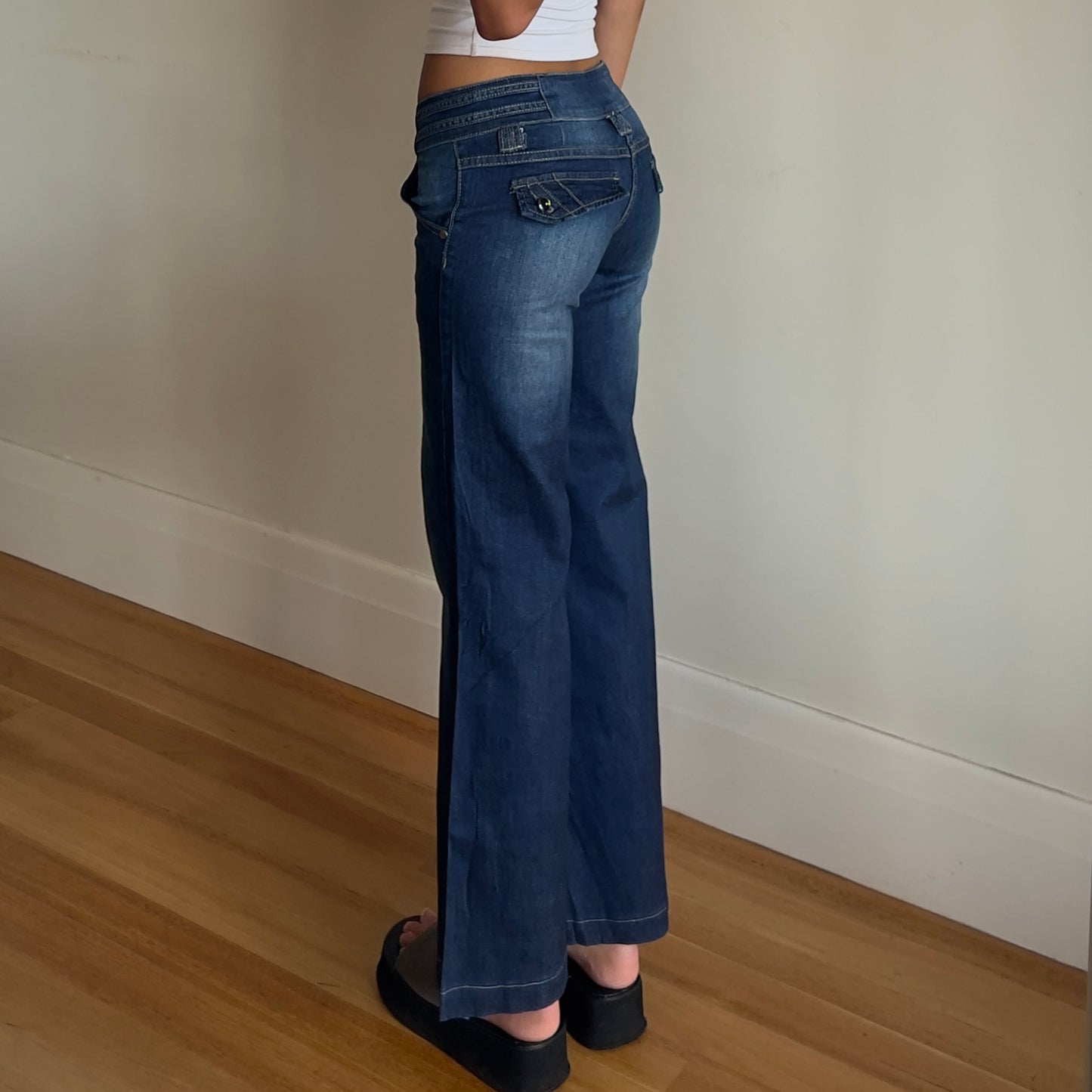 low rise dark denim jeans