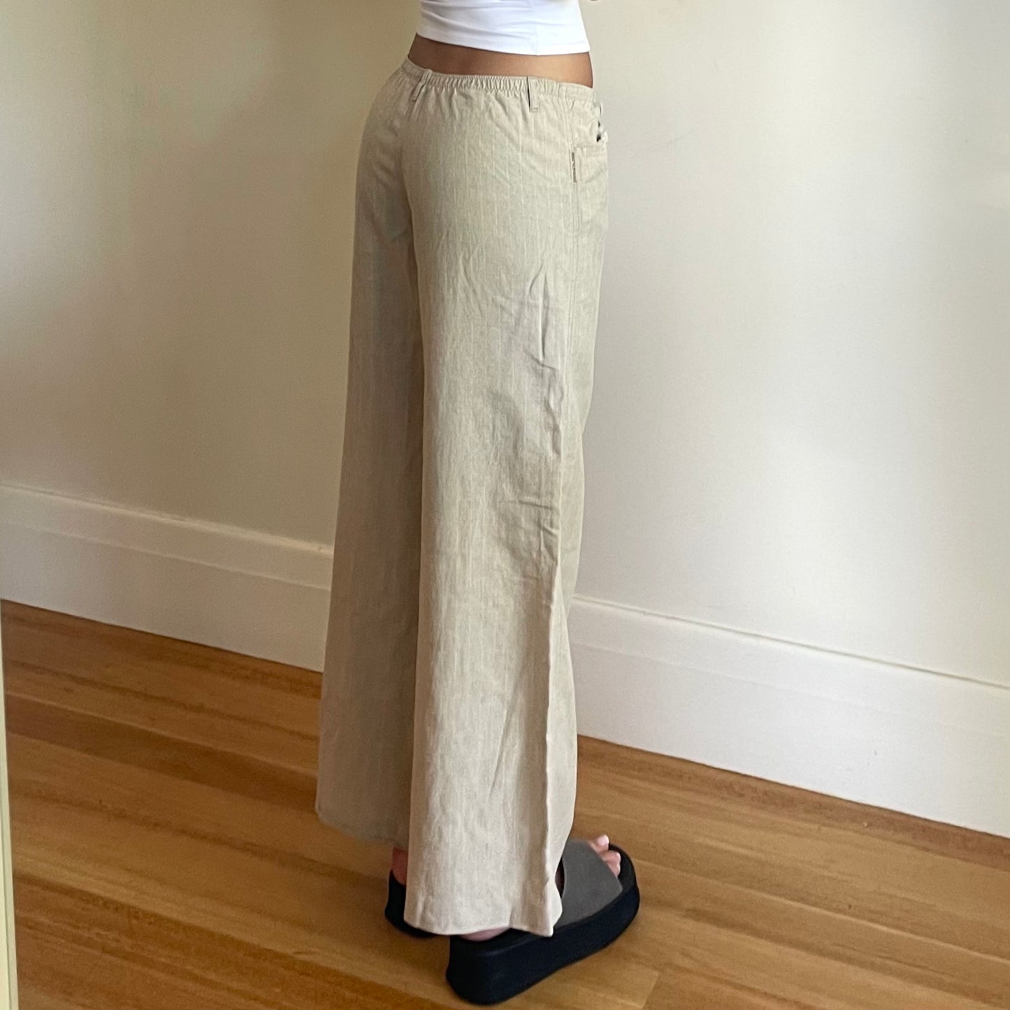beige pinstriped linen pants
