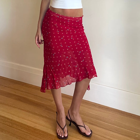 red floral midi skirt