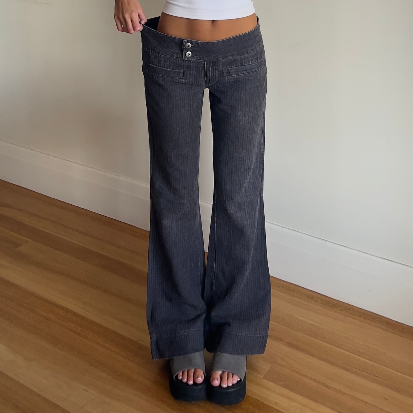 low rise flared pinstripe trousers