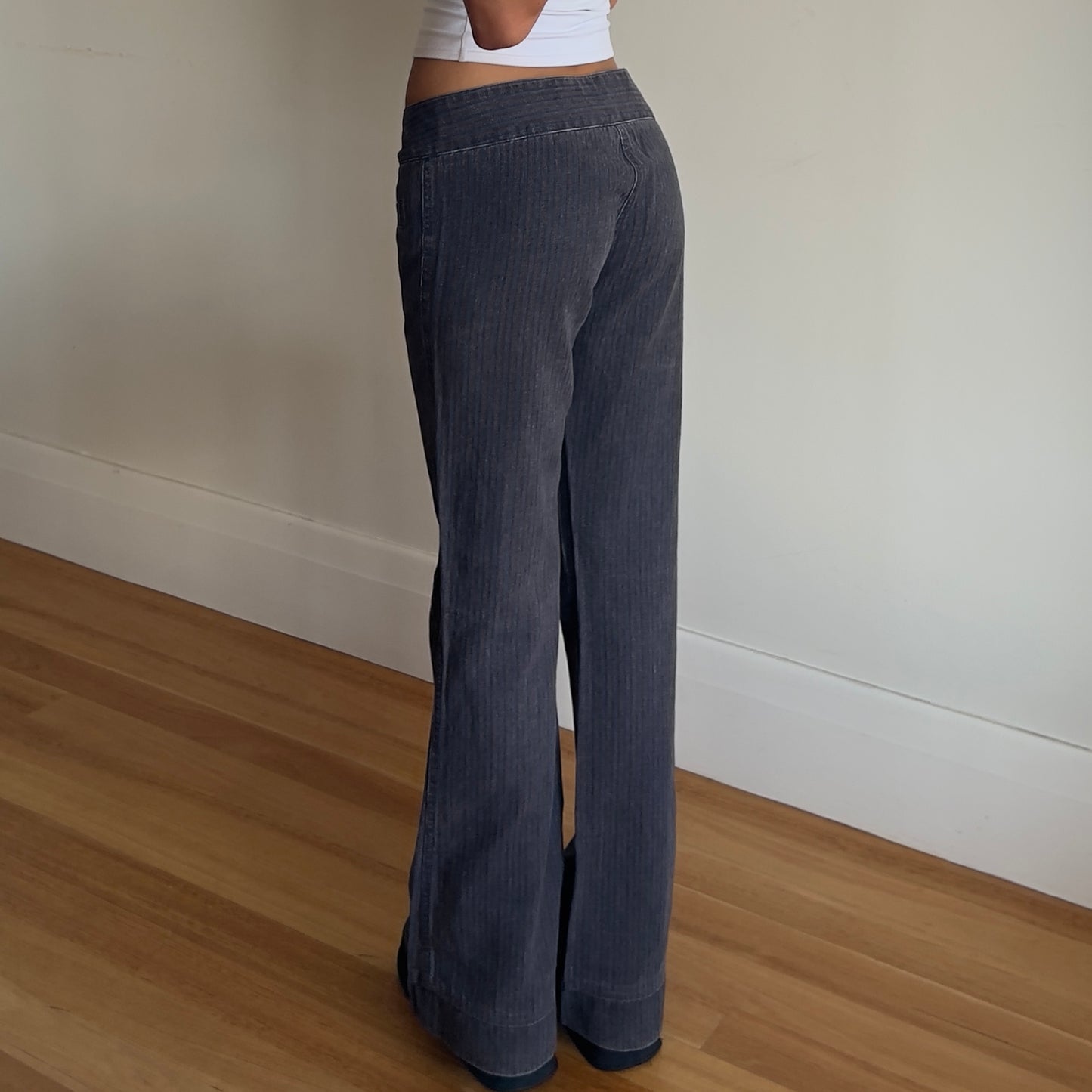 low rise flared pinstripe trousers