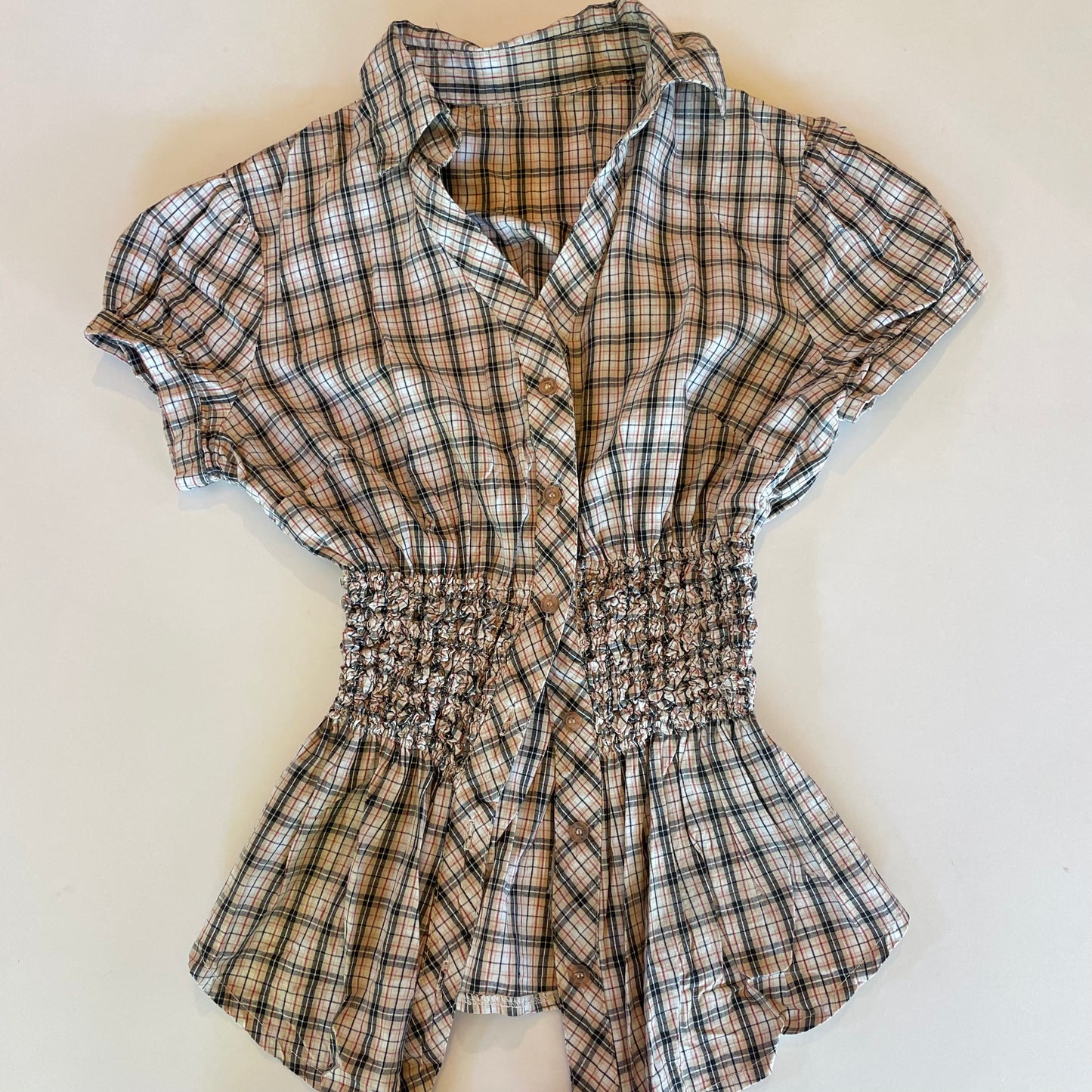 plaid print ruched shirt