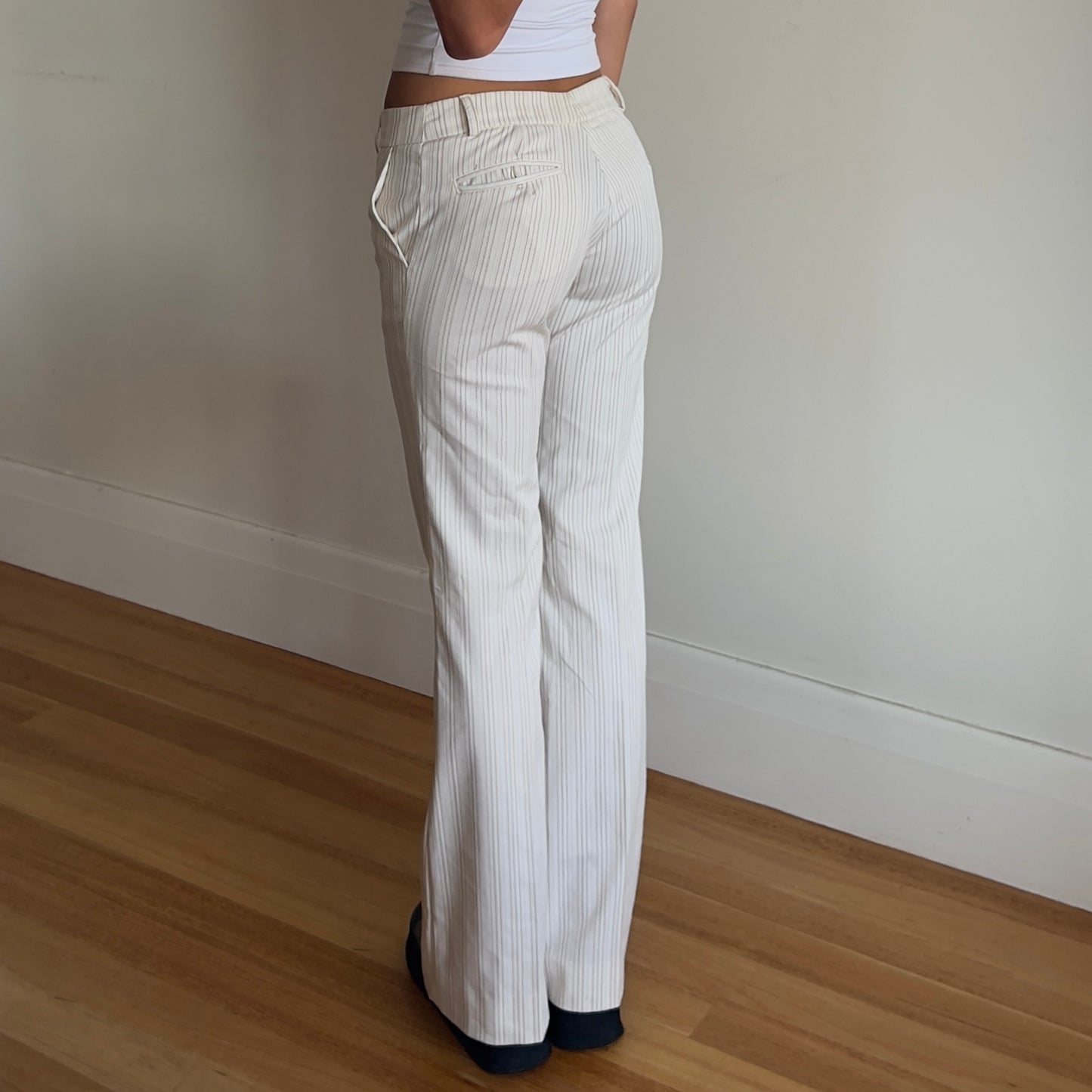 white pinstripe trousers