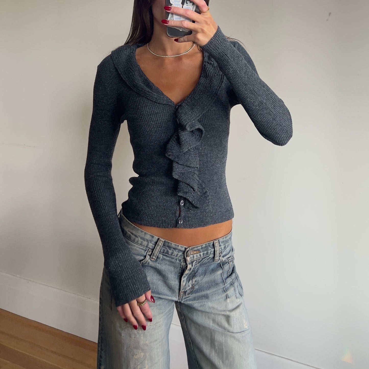 grey ruffled cardigan