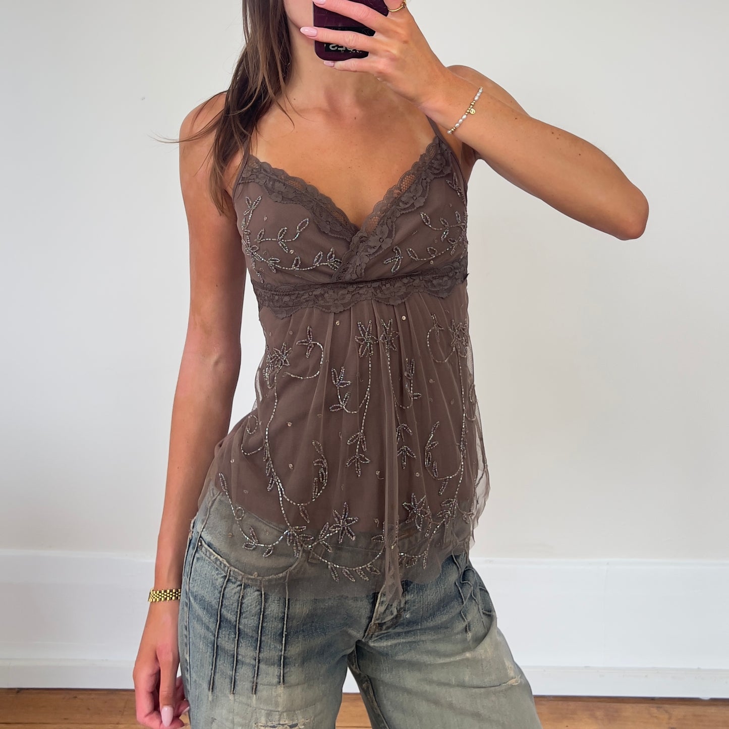 brown lace beaded cami
