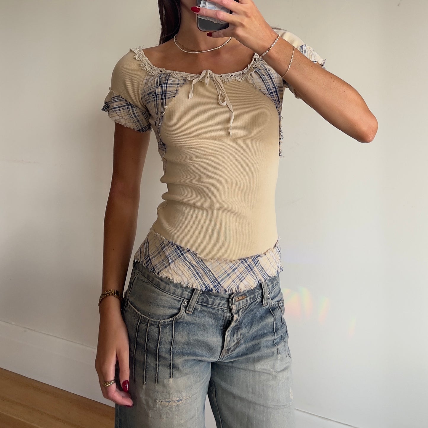 wide neck gingham top