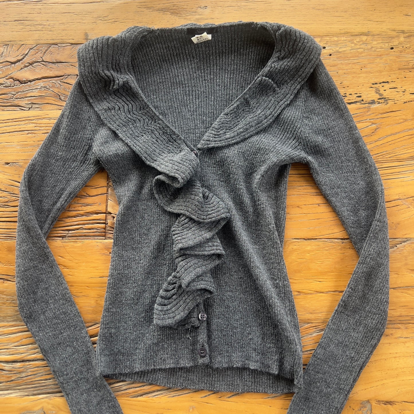 grey ruffled cardigan