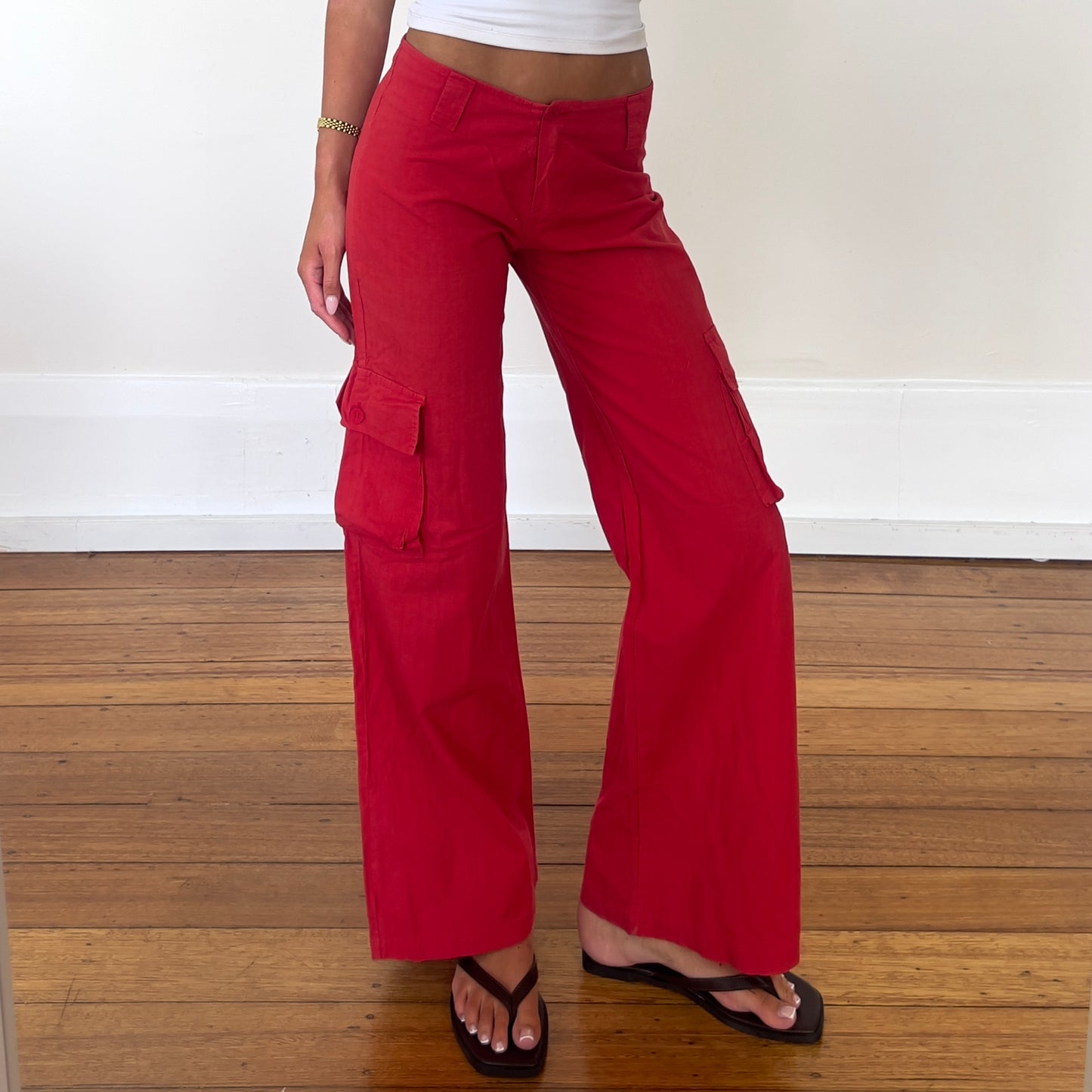 red linen cargo pants