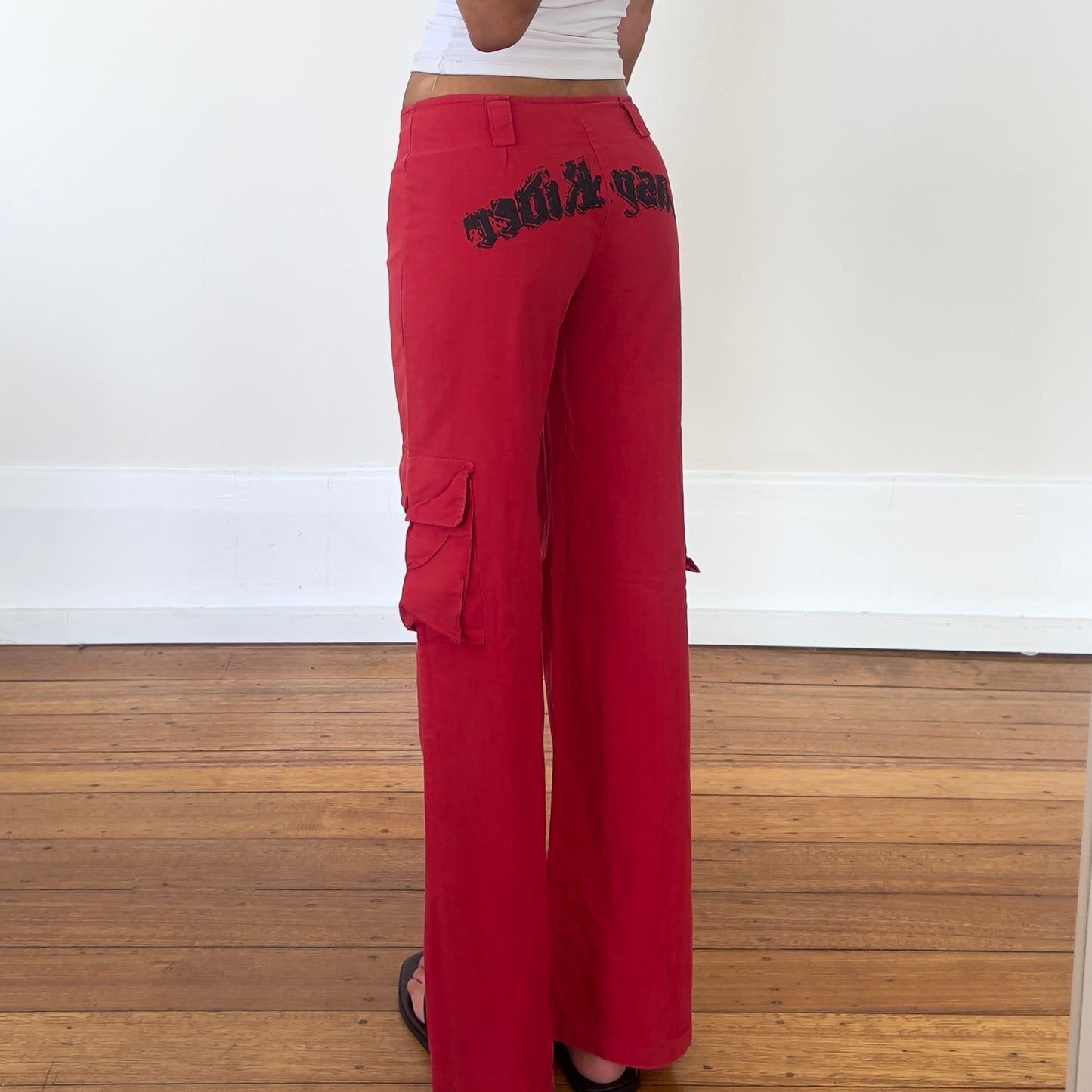 red linen cargo pants