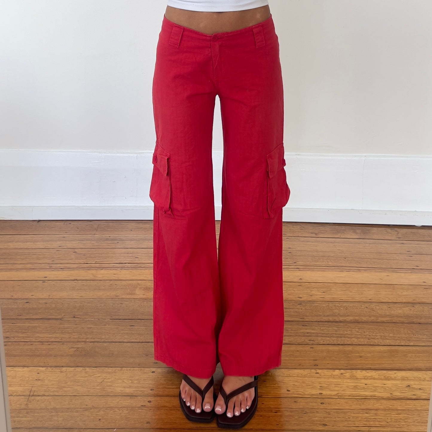 red linen cargo pants