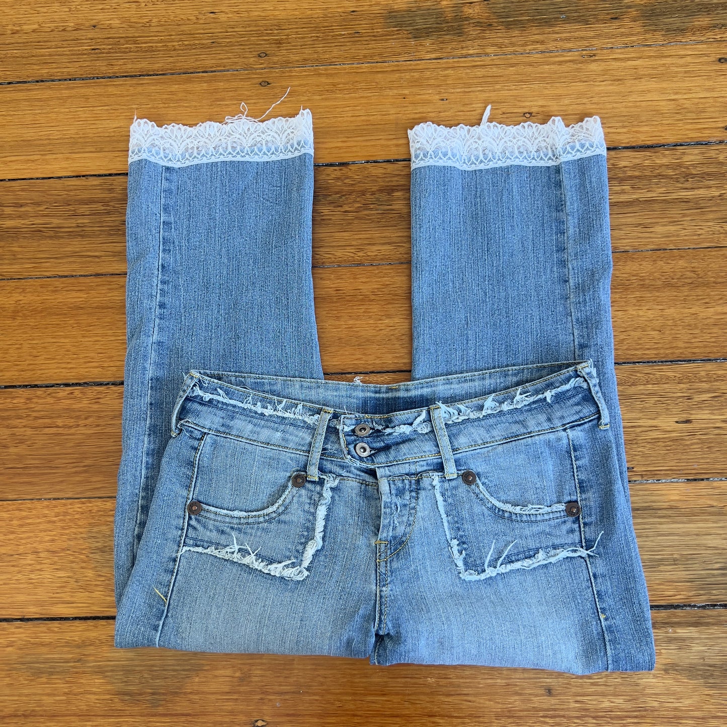 lace trim denim capris