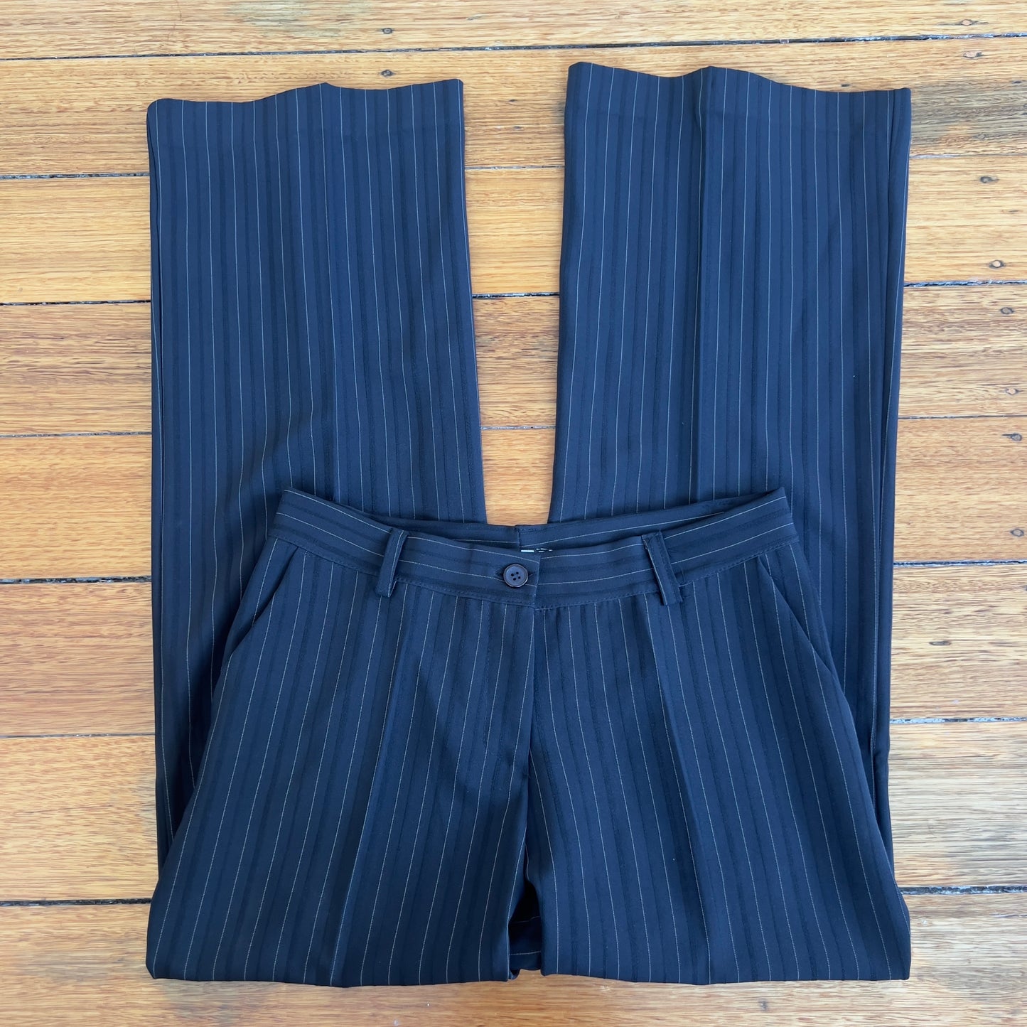 black pinstripe trousers